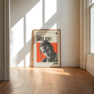 Travis Scott poster with black and white halftone imagery, colored shape background, black text, museum-quality paper, six size options.