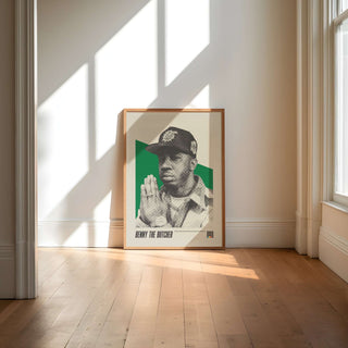 Benny the Butcher poster on a floor against a wall in natural light.