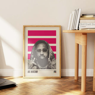 Roc Marciano poster with a bold design, displayed on a wooden floor next to a table, highlighting his iconic hip-hop influence.