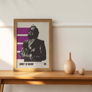 Conway The Machine poster on a wooden shelf, museum-quality matte paper, no frame included.