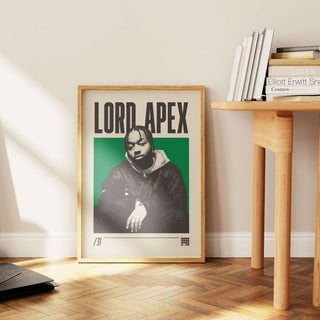 Lord Apex poster with black-and-white portrait, museum-quality matte paper, unframed, displayed on a wooden floor next to a table with books.