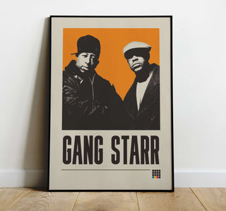 Gang Starr museum-quality poster on thick matte paper, featuring iconic duo with bold orange background, frame not included.