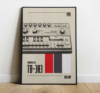 TB-303 poster showcasing iconic Roland synthesizer design for electronic music enthusiasts.