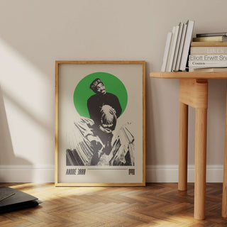 Andre 3000 poster on matte paper leaning against a wall, museum-quality, no frame included.