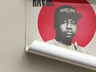 Havoc poster featuring iconic Queensbridge rapper and producer, museum-quality print on thick matte paper, image with red background, available in various sizes.