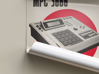 Museum-quality poster of Akai MPC 3000 sampler with iconic 16-pad layout.