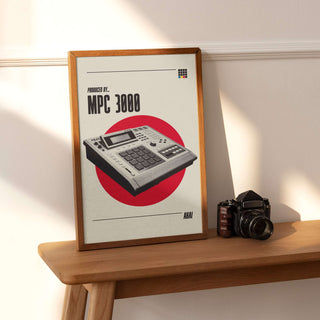 Museum-quality poster of the iconic Akai MPC 3000 sampler on thick matte paper, perfect for music enthusiasts.