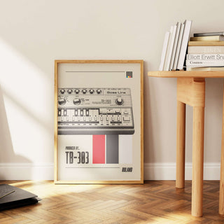 Museum-quality poster of Roland TB-303 synthesizer, iconic in acid house music, featuring thick matte paper and no frame.