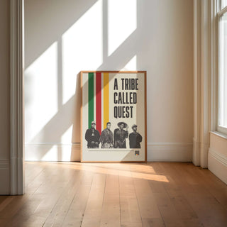 A Tribe Called Quest poster on floor in bright room, showcasing iconic design and members.