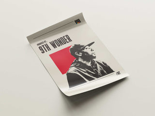 Museum-quality poster featuring iconic hip-hop producer 9th Wonder in black and white with red accent, available in multiple sizes.