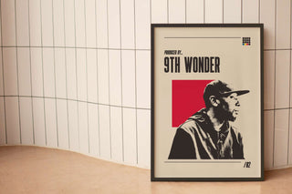 Museum-quality 9th Wonder poster, featuring bold design in a black frame, shown against a tiled background.