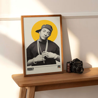 Prodigy of Mobb Deep poster on a wooden shelf; museum-quality matte paper, no frame included.