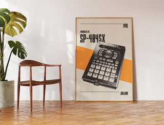 Museum-quality poster of the Roland SP-404SX sampler standing against a wall, showcasing its classic design and cultural impact.