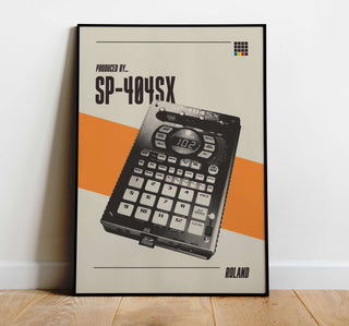 Roland SP-404SX sampler poster, iconic hip hop instrument, museum-quality print.