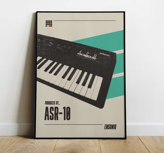 Ensoniq ASR-10 museum-quality poster on thick matte paper featuring vintage synthesizer design.