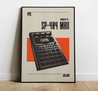 Roland SP-404 MK2 poster on matte paper without frame, showcasing sound design innovation in a stylish presentation.