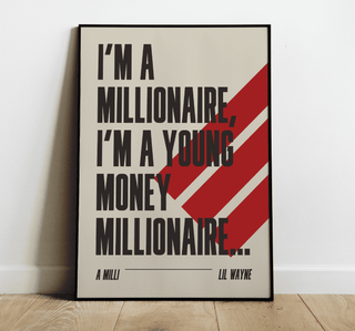 Lil Wayne "A Milli" lyrics poster on matte paper, featuring bold text and red stripes, unframed and leaning against a wall.