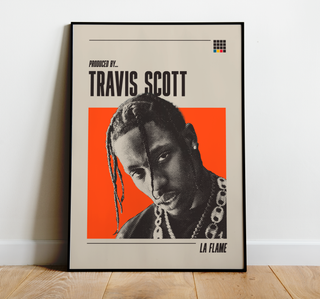 Museum-quality Travis Scott poster with black and white halftone imagery, vibrant background, and contemporary text, available in six sizes.