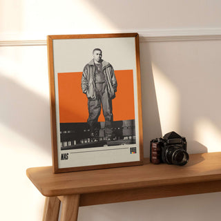 Nas museum-quality poster on thick matte paper, available in multiple sizes, perfect for hip-hop fans.