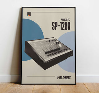 Iconic SP-1200 sampler poster on museum-quality matte paper, showcasing its legendary 16-pad layout and impact on classic hip hop music.