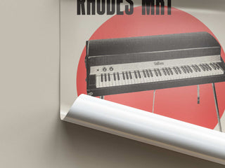 Fender Rhodes MK1 poster with red background, featuring retro keyboard design on matte paper.