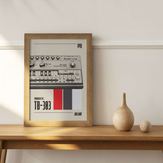 TB-303 poster showcasing the iconic synthesizer, on matte paper, unframed, available in various sizes.