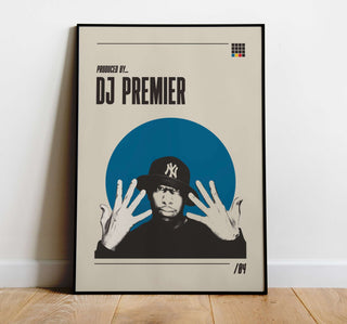 DJ Premier poster on matte paper, hip-hop producer artwork, available in multiple sizes, frame not included.