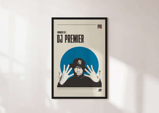 DJ Premier poster on museum-quality matte paper, available in various sizes, frame not included.