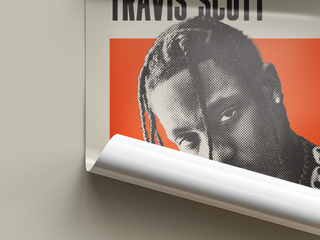 Museum-quality Travis Scott poster with vintage halftone imagery and colored background, available in multiple sizes.