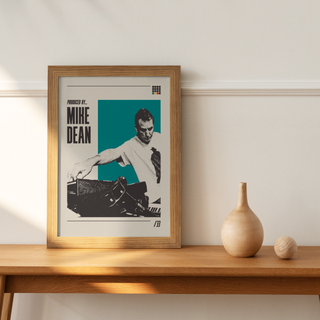 Mike Dean poster on a wooden shelf, legendary hip-hop producer design.