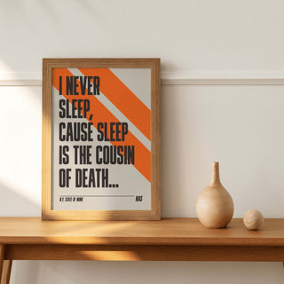 Nas "N.Y. State of Mind" lyrics poster on matte paper, unframed, displayed on a wooden shelf.