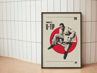 Museum-quality poster featuring hip-hop producer and rapper Q-Tip in a stylish design with red circle backdrop.