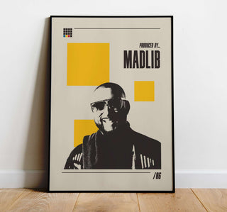 Madlib poster with iconic design, showcasing hip-hop producer known for soulful beats; museum-quality, matte finish.