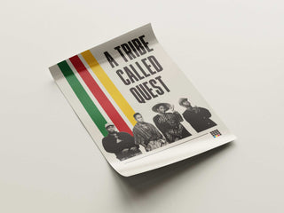 A Tribe Called Quest poster with group members and colorful stripes on matte paper.