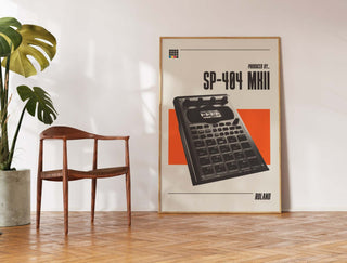 Roland SP-404 MK2 poster in modern room setting, showcasing sound design equipment.