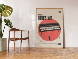 Poster of Fender Rhodes MK1 with iconic design and classic allure, displayed on matte paper in a stylish room setting.