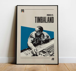 Timbaland poster featuring music producer at mixing console, museum-quality print on matte paper.