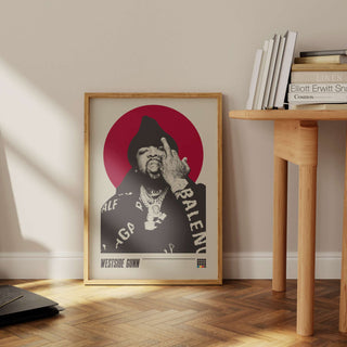 Westside Gunn museum-quality poster with black and white halftone imagery, red background, framed on wooden floor.