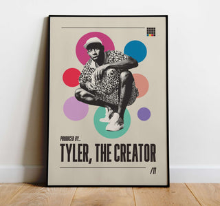 Museum-quality poster of Tyler, The Creator with colorful geometric background, available in six sizes.