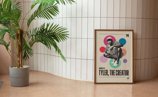 Museum-quality poster of Tyler, The Creator with colorful design, unframed, on matte paper.