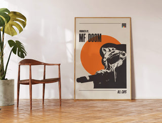 Museum-quality MF DOOM poster on matte paper, unframed, displayed in a modern interior.