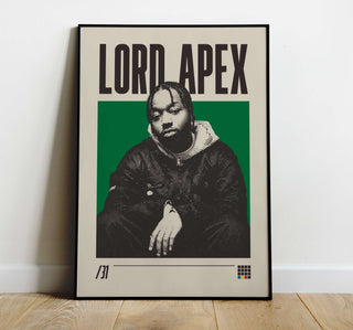 Lord Apex poster featuring rapper in monochrome design with green background, ideal for fans of conscious hip-hop; frame not included.