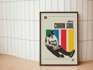 Cookin Soul poster featuring a silhouette of a person with colorful stripes in the background, museum-quality matte paper.