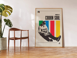 Cookin Soul poster with colorful background in a stylish room setting.