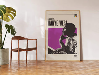 Kanye West poster in room with chair and plant, thick matte paper, no frame.