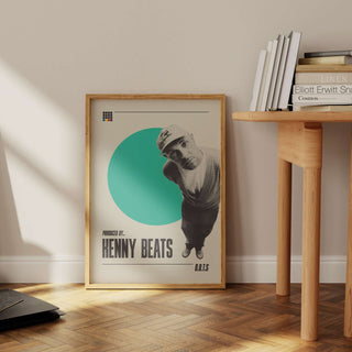 Kenny Beats poster on wooden floor, thick matte paper, unframed, hip-hop producer artwork.