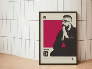 Museum-quality 6ix poster featuring hip-hop producer and beatmaker, displayed in a sleek black frame.