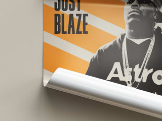 Just Blaze hip-hop producer poster, orange stripes, museum-quality print.