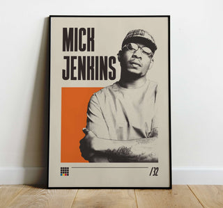 Museum-quality Mick Jenkins poster with matte finish, showing arms crossed in black and white, available in six sizes, unframed.