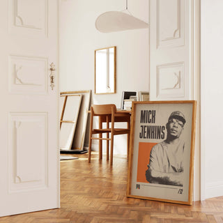 Mick Jenkins introspective rap poster in a stylish interior setting.